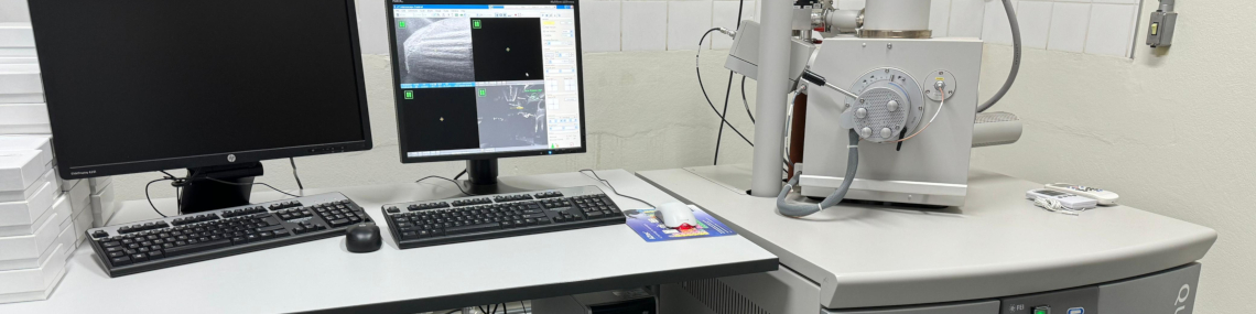 Microscópio eletrônico de varredura (MEV) da FEI, modelo Quanta 250. Por operar em alto vácuo (HV), baixo vácuo (LV) e pressão ambiental (ESEM), possibilita a análise de vários tipos de material biológico e obtenção de imagens sem necessidade de recobrimento (metalização)